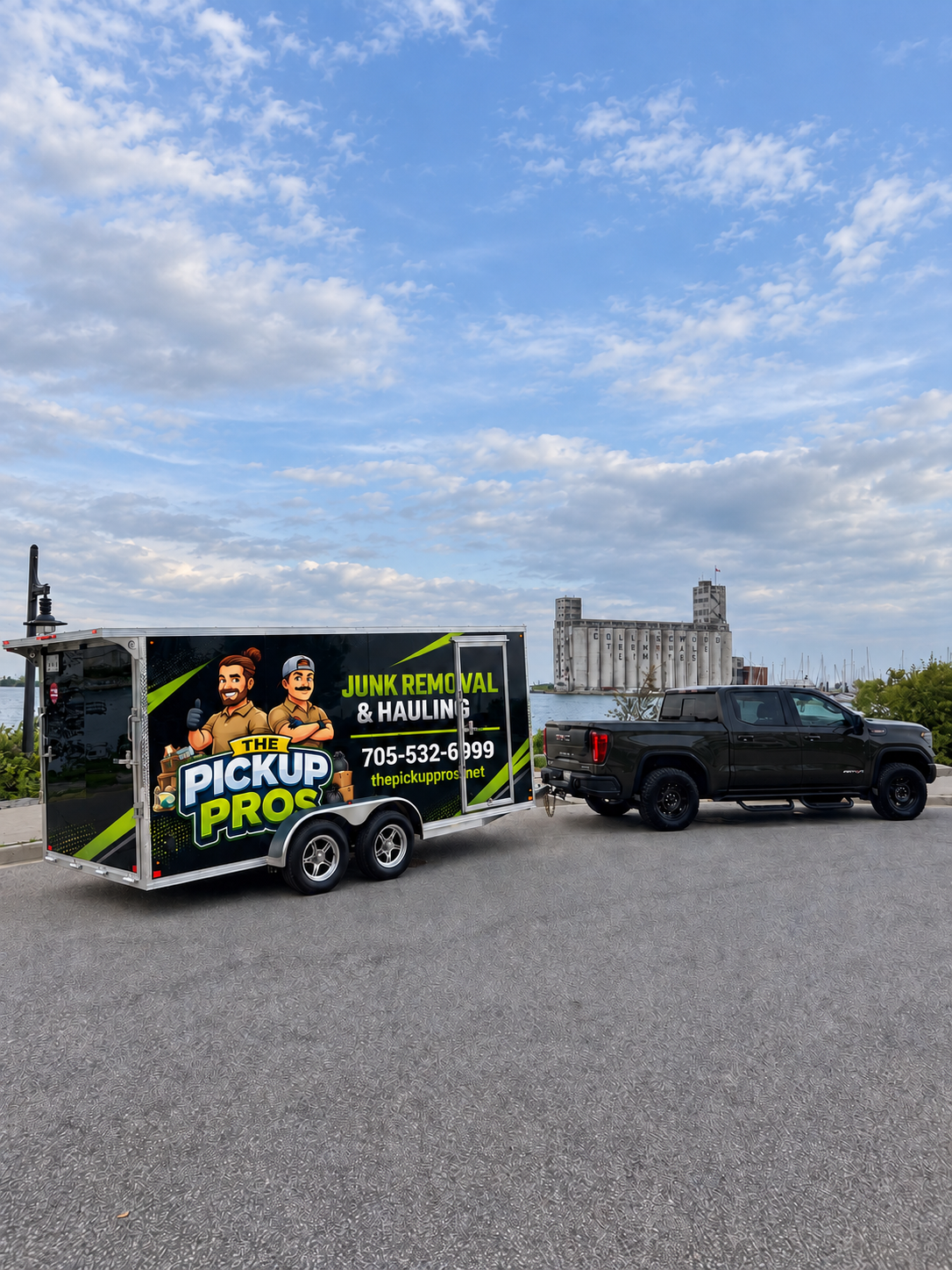 The Pickup Pros truck and branded trailer at Collingwood Harbour