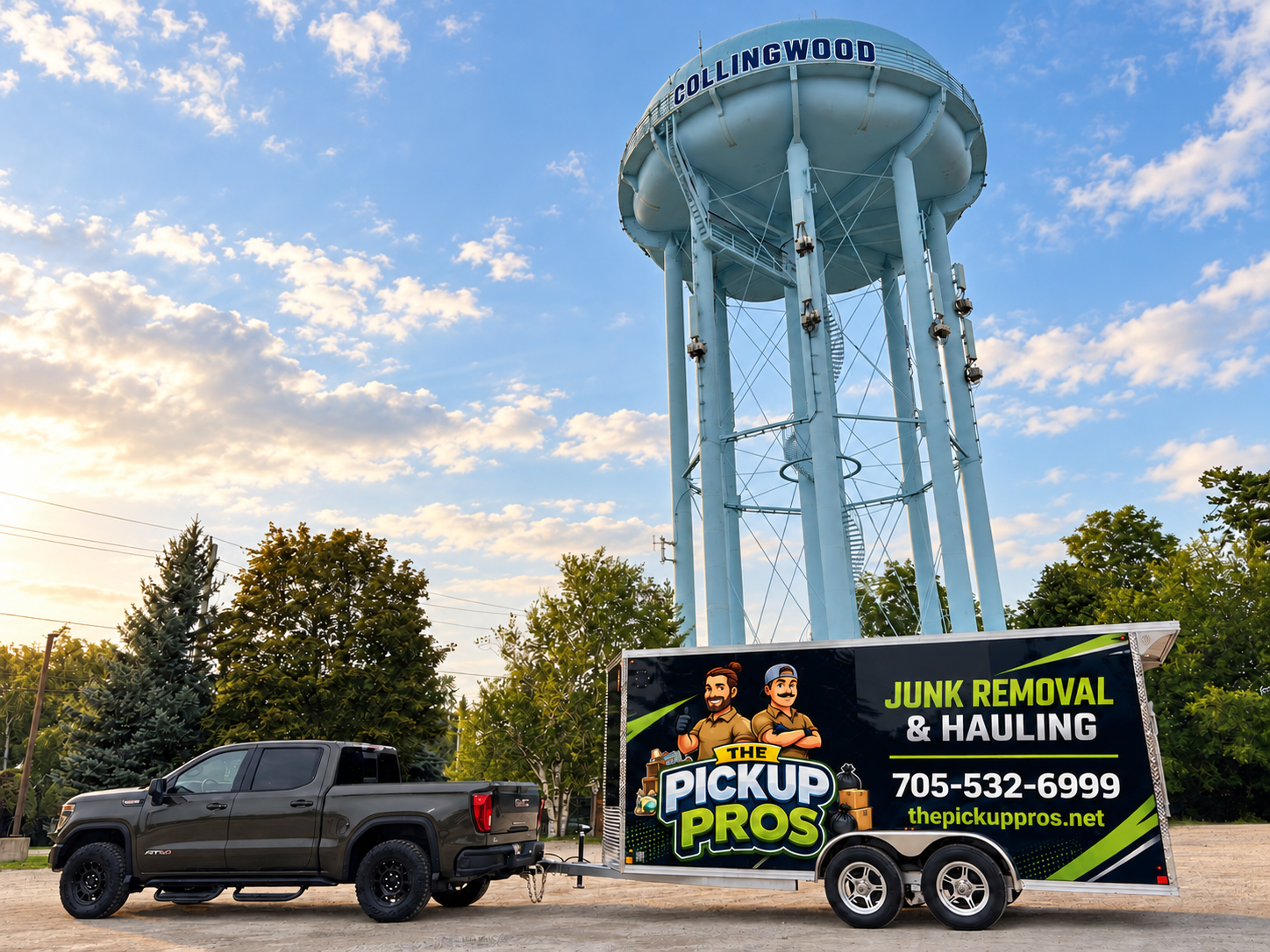 The Pickup Pros truck and branded trailer near the Collingwood water tower